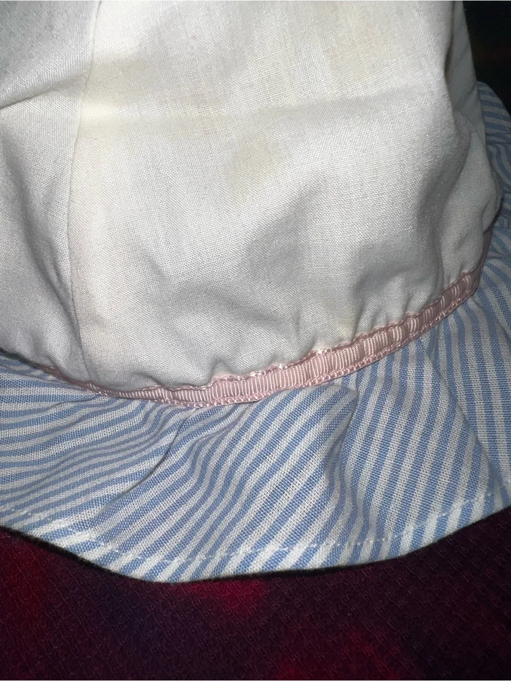 Vintage 90s Baby Bonnet Hat White with Blue Striped Ruffle & Pink Trim